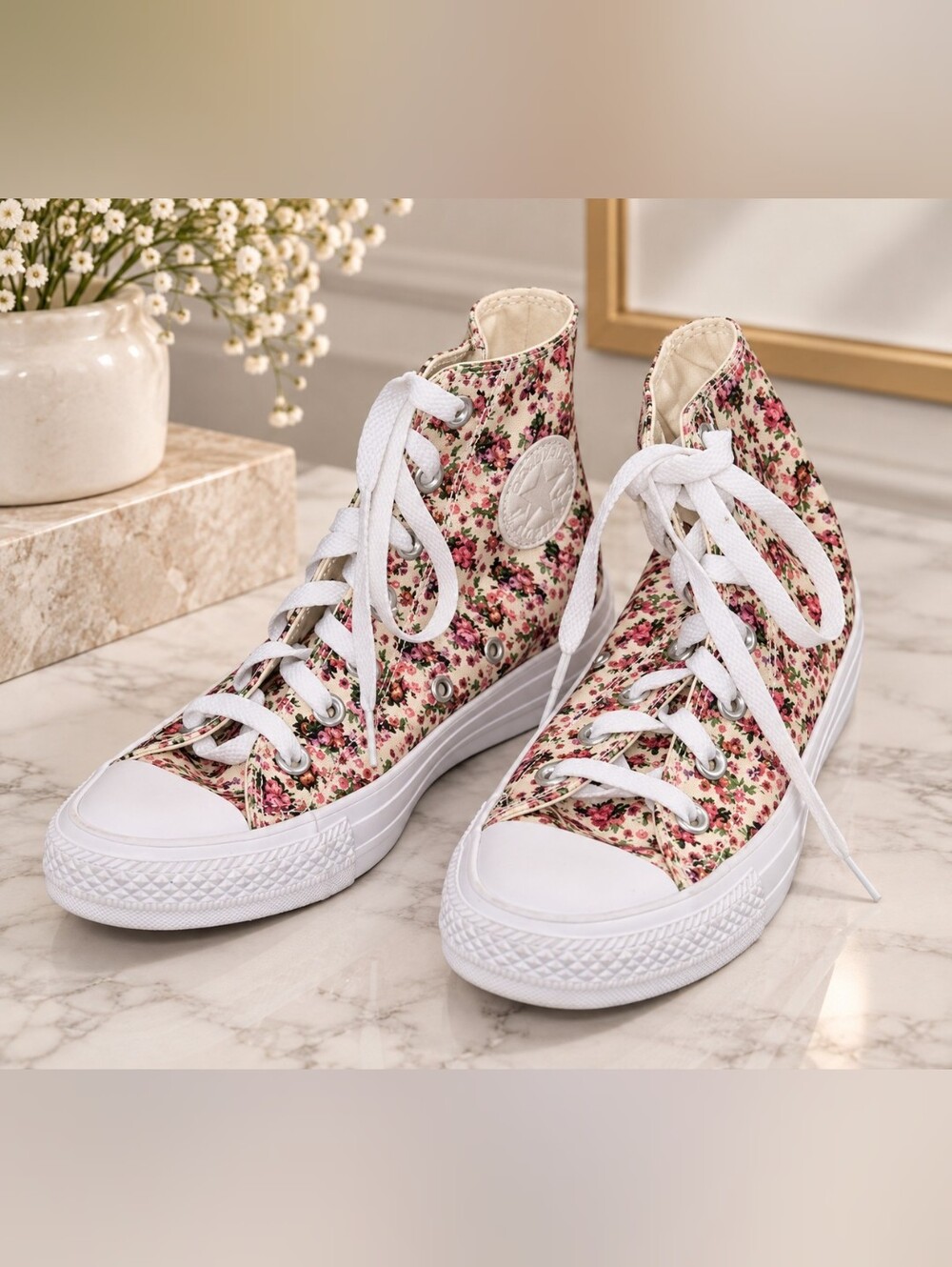 Floral High-Top Canvas Sneakers - White, Pink